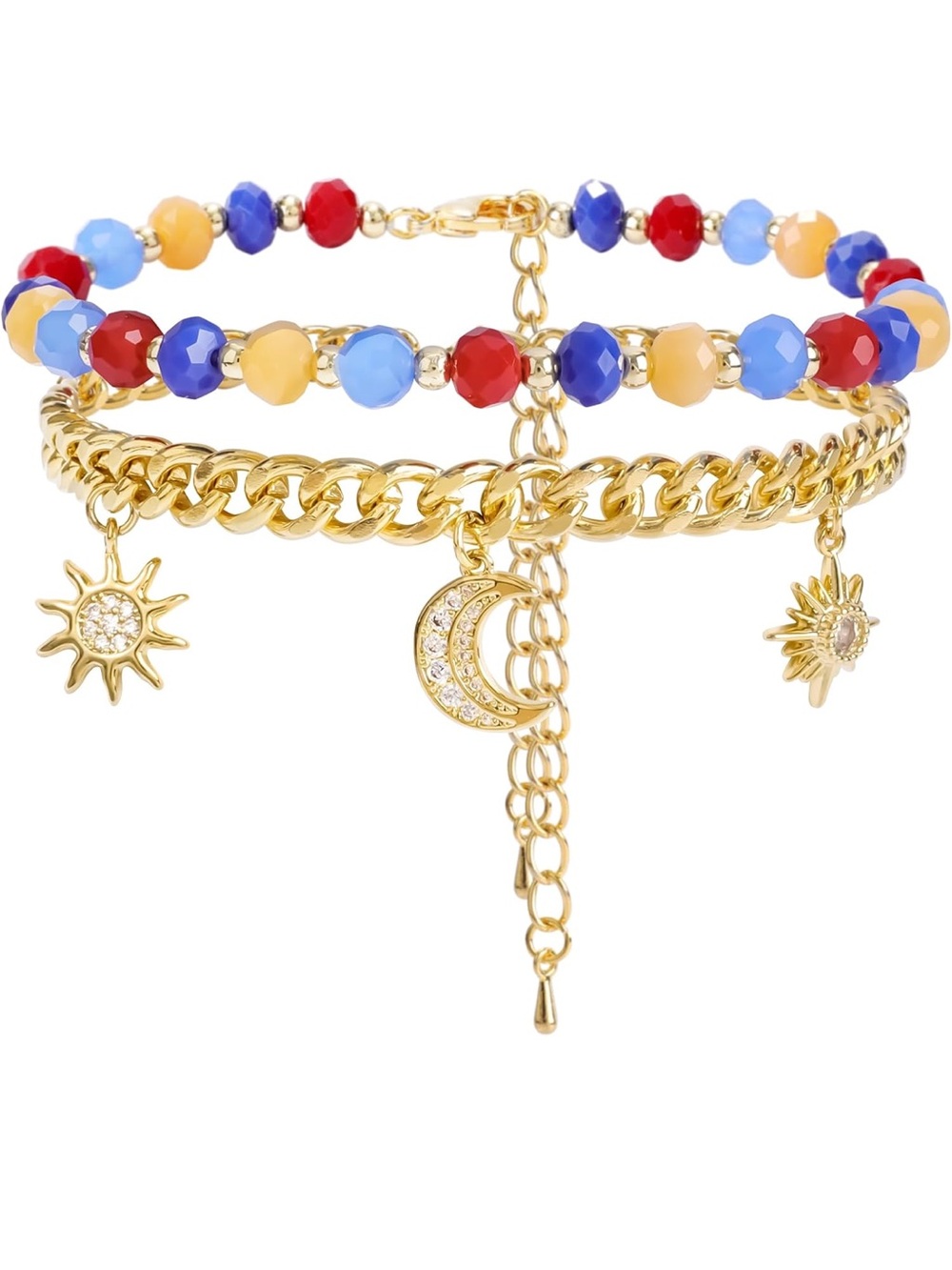 Anthropologie Gold Bracelet Set with Red, Blue & Peach Beads